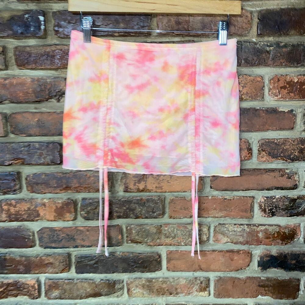 New Pink Vintage Y2k Pink Orange Tie Dye Mesh Lined Mini Skirt Size Medium